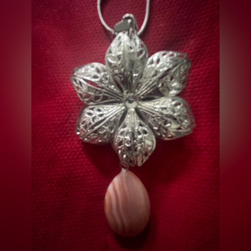 Hand Crafted Handmade Silver & Coral Color Agate Floral Necklace Hand Made